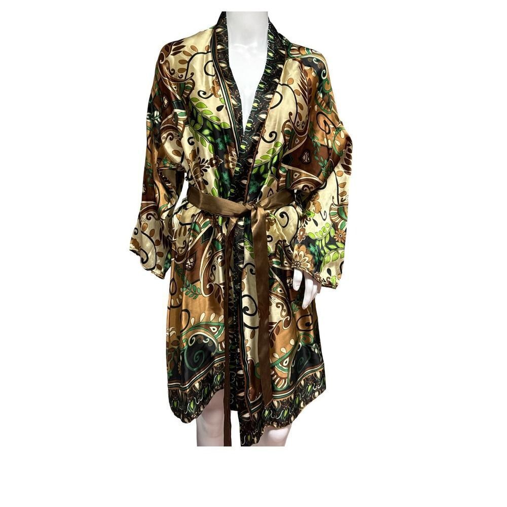 Sonoma Lavender Womens Satin Robe‎ Size OS Tie Front Paisley Pattern Earth Tones